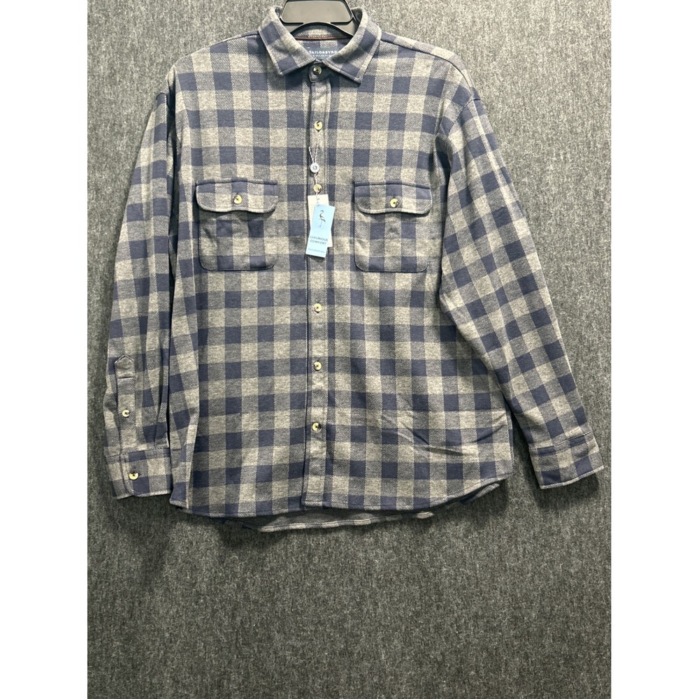 Tailorbyrd Button Down Shirt Mens Large Blue Grey New Plaid Sweater Knit Stretch